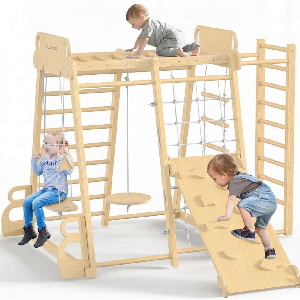 Gimnasio de madera infantil con columpio y resbaladilla