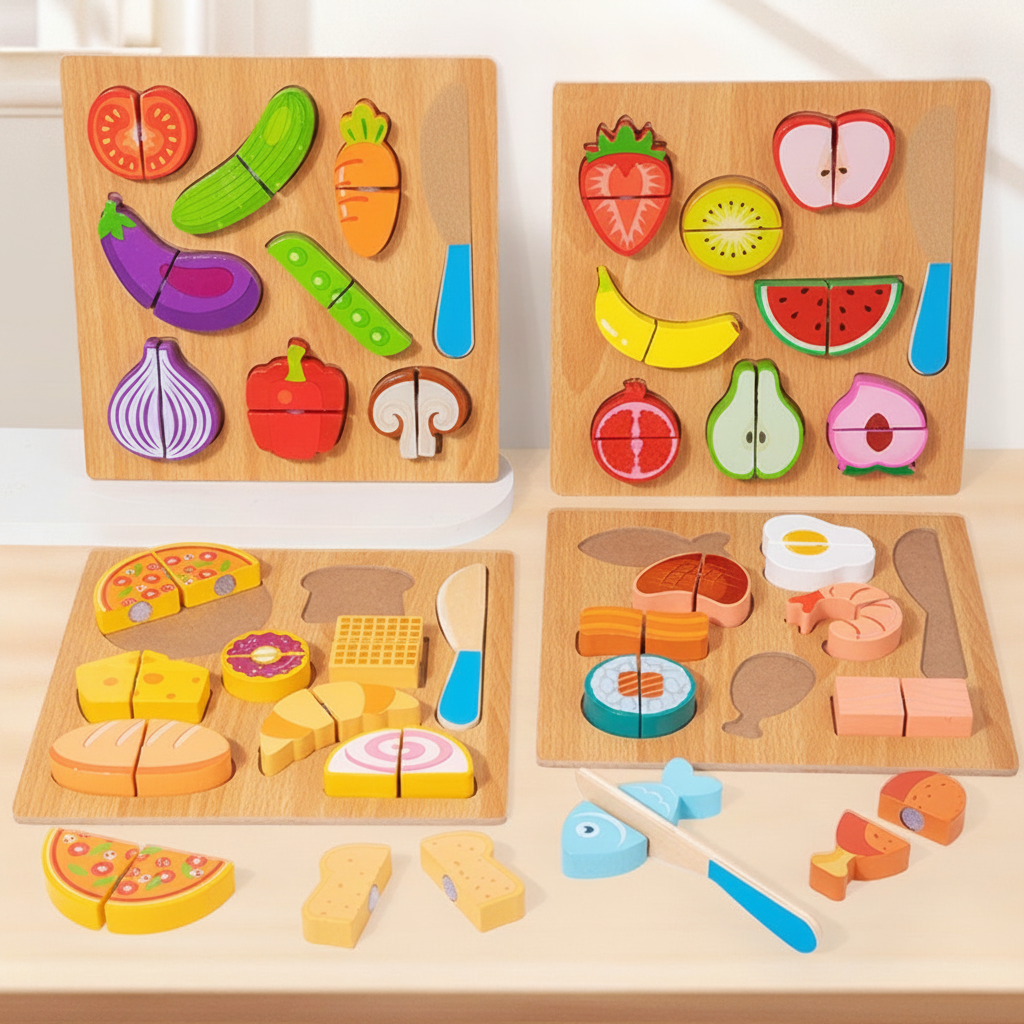 Puzzle de madera Montessori corta frutas y verduras - 1