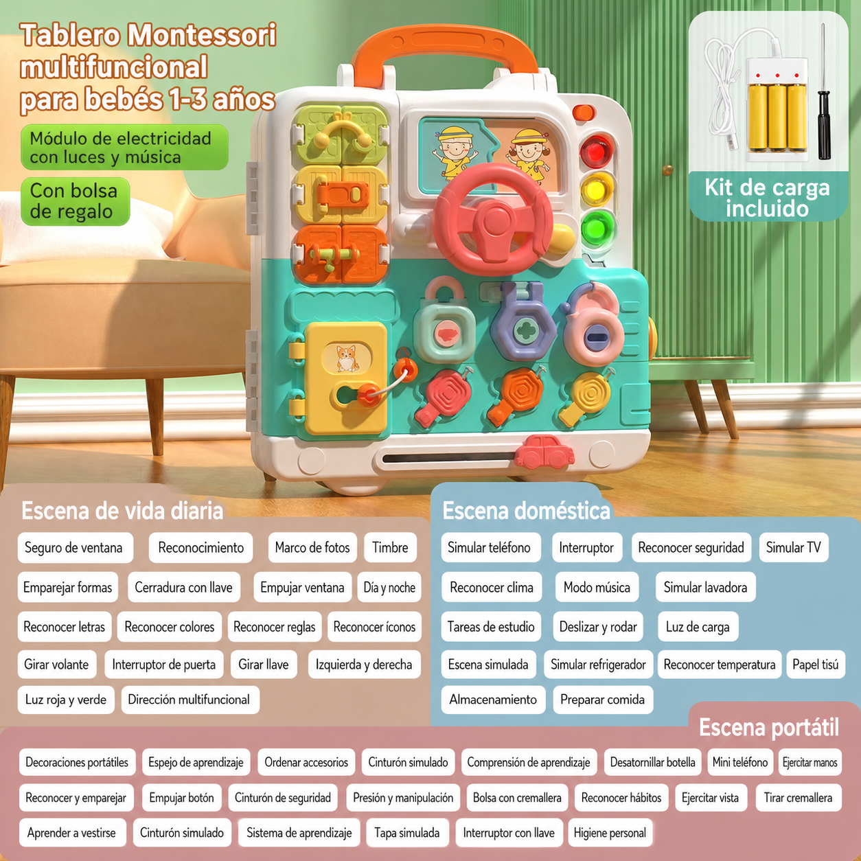 Tablero Montessori Multifuncional para Bebés 1-3 Años - 6