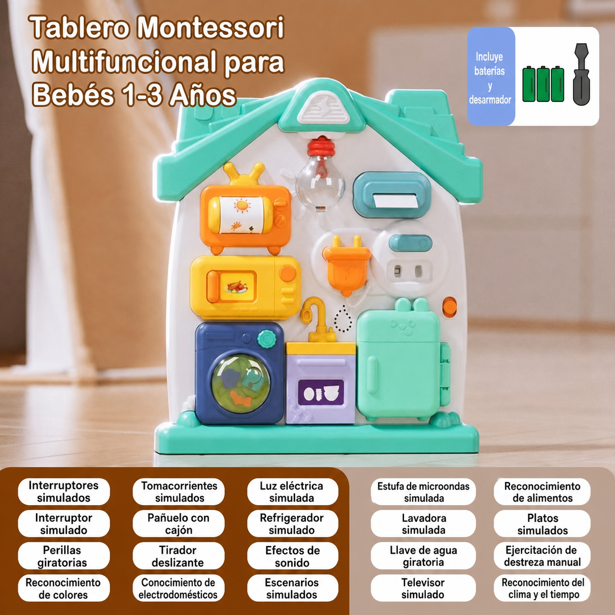 Tablero Montessori Multifuncional para Bebés 1-3 Años