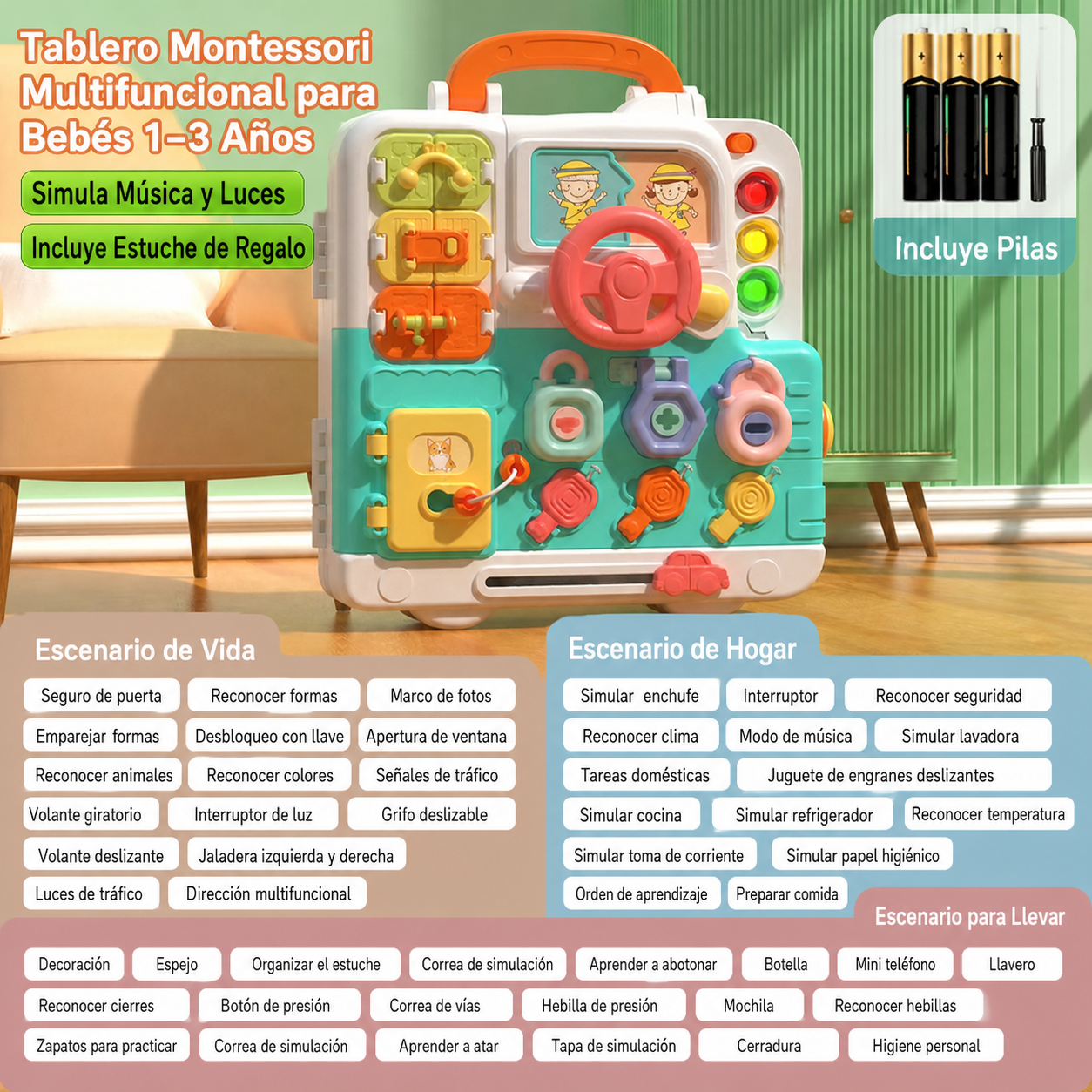 Tablero Montessori Multifuncional para Bebés 1-3 Años