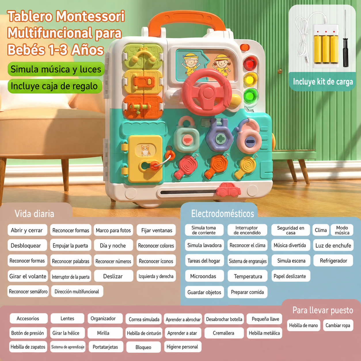 Tablero Montessori Multifuncional para Bebés 1-3 Años
