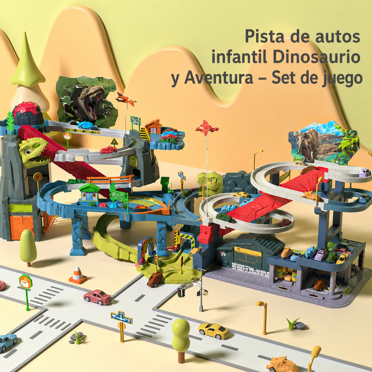 Pista de autos infantil Dinosaurio y Aventura – Set de juego