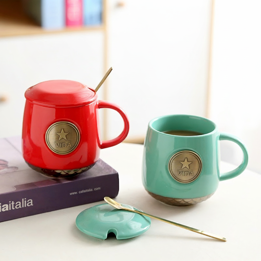 Taza de cerámica con medallón y tapa 450 ml