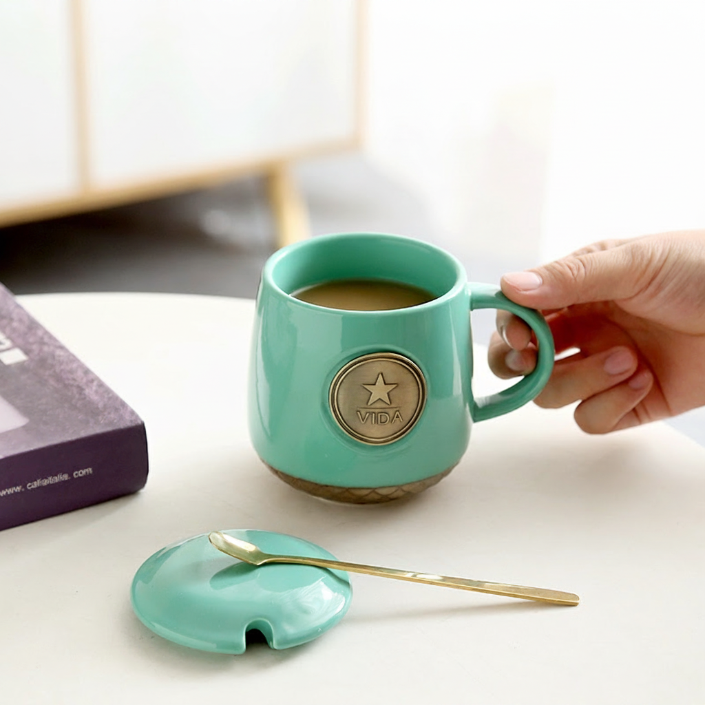 Taza de cerámica con medallón y tapa 450 ml