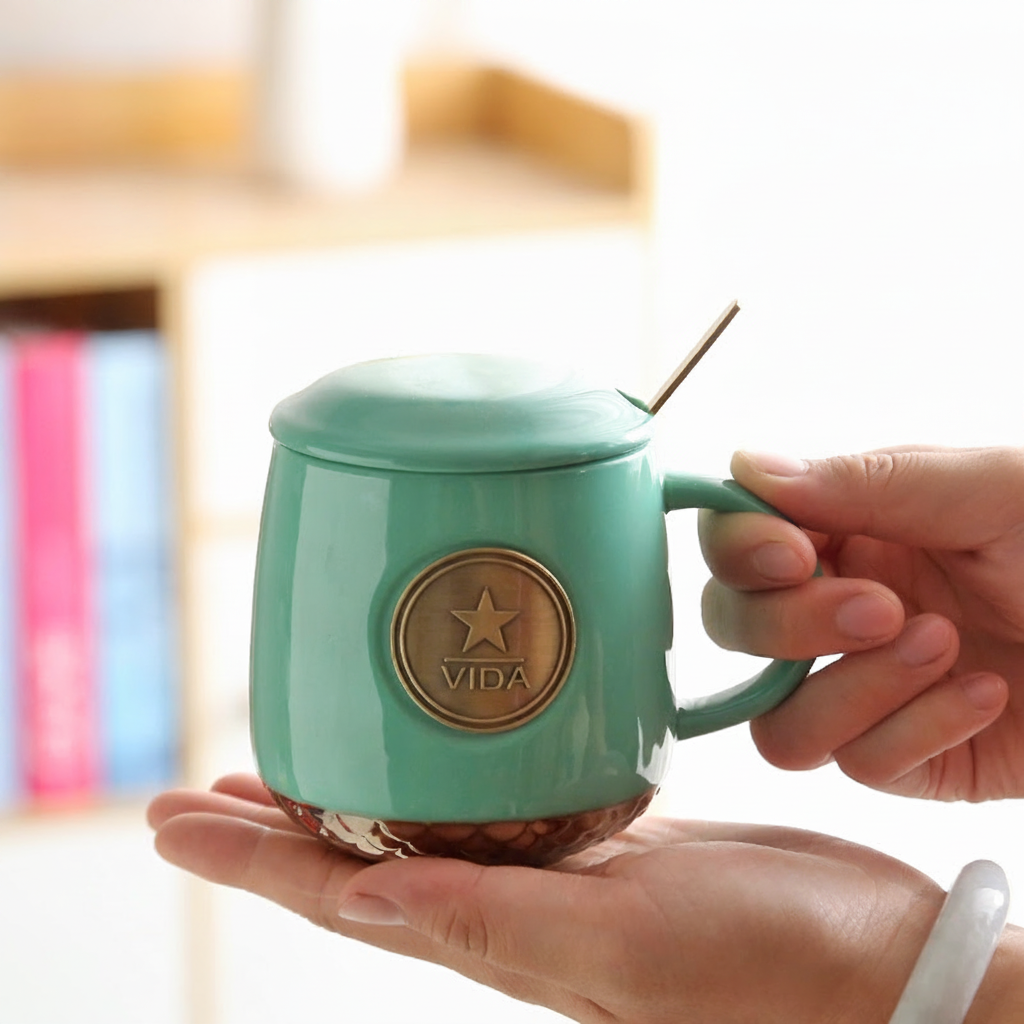 Taza de cerámica con medallón y tapa 450 ml