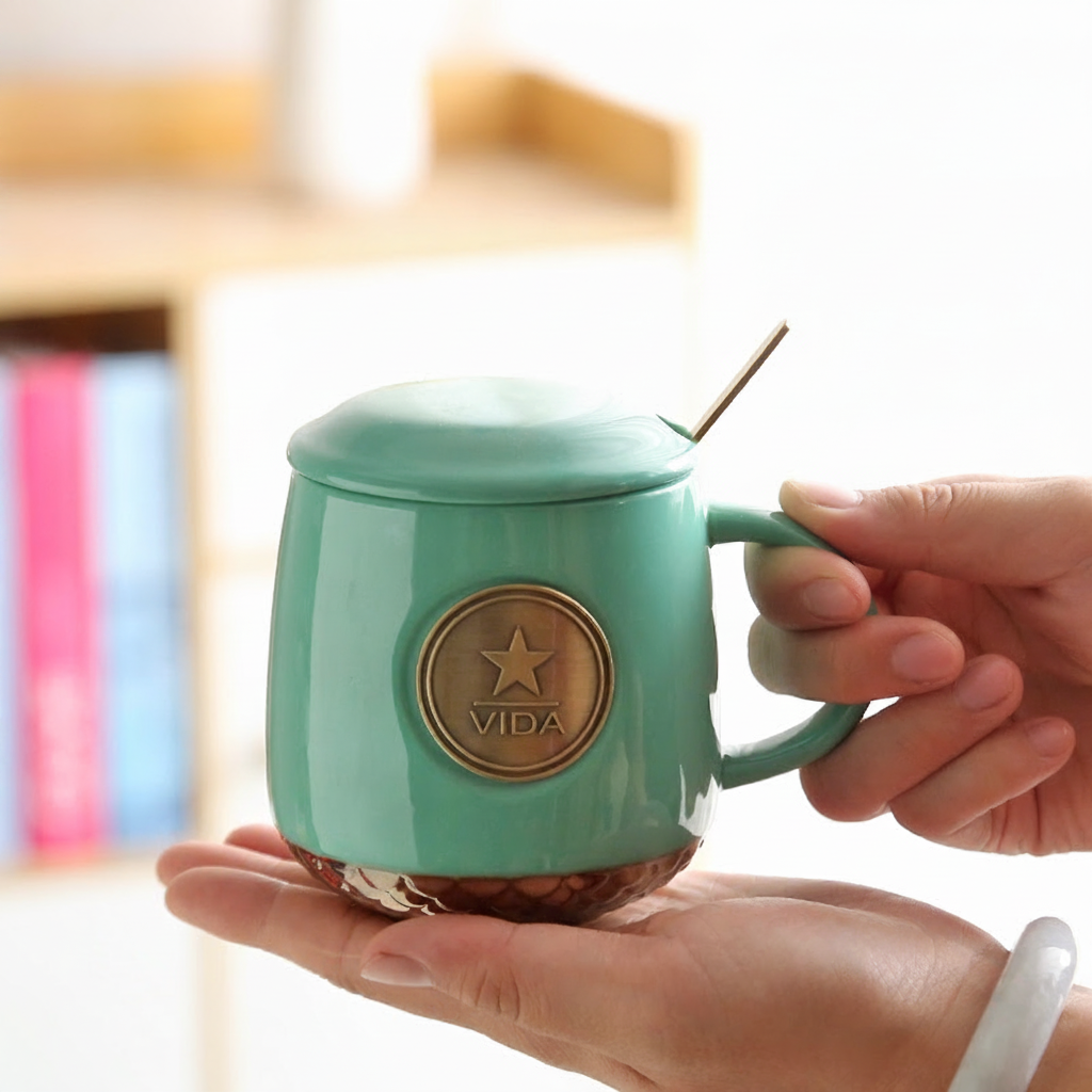Taza de cerámica con medallón y tapa 450 ml
