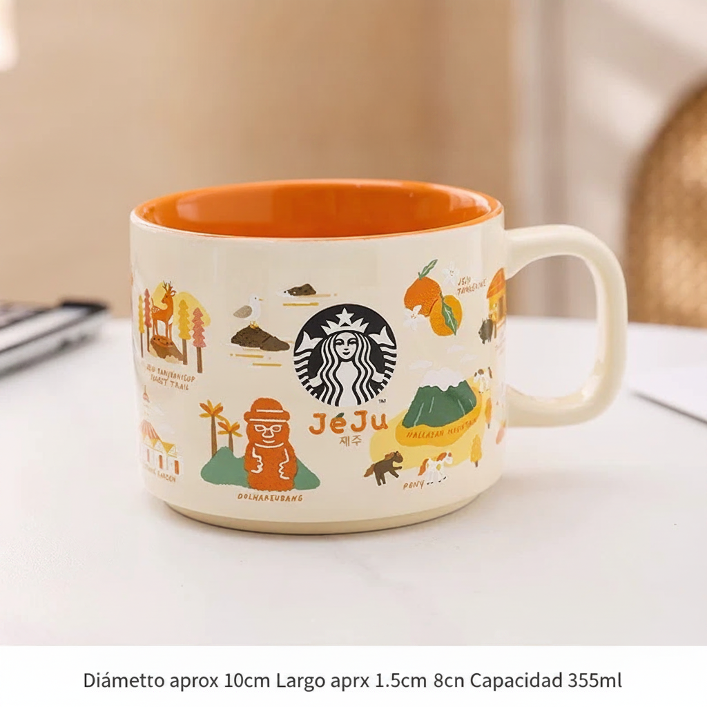 Taza de cerámica con diseño ilustrado y tapa 355 ml