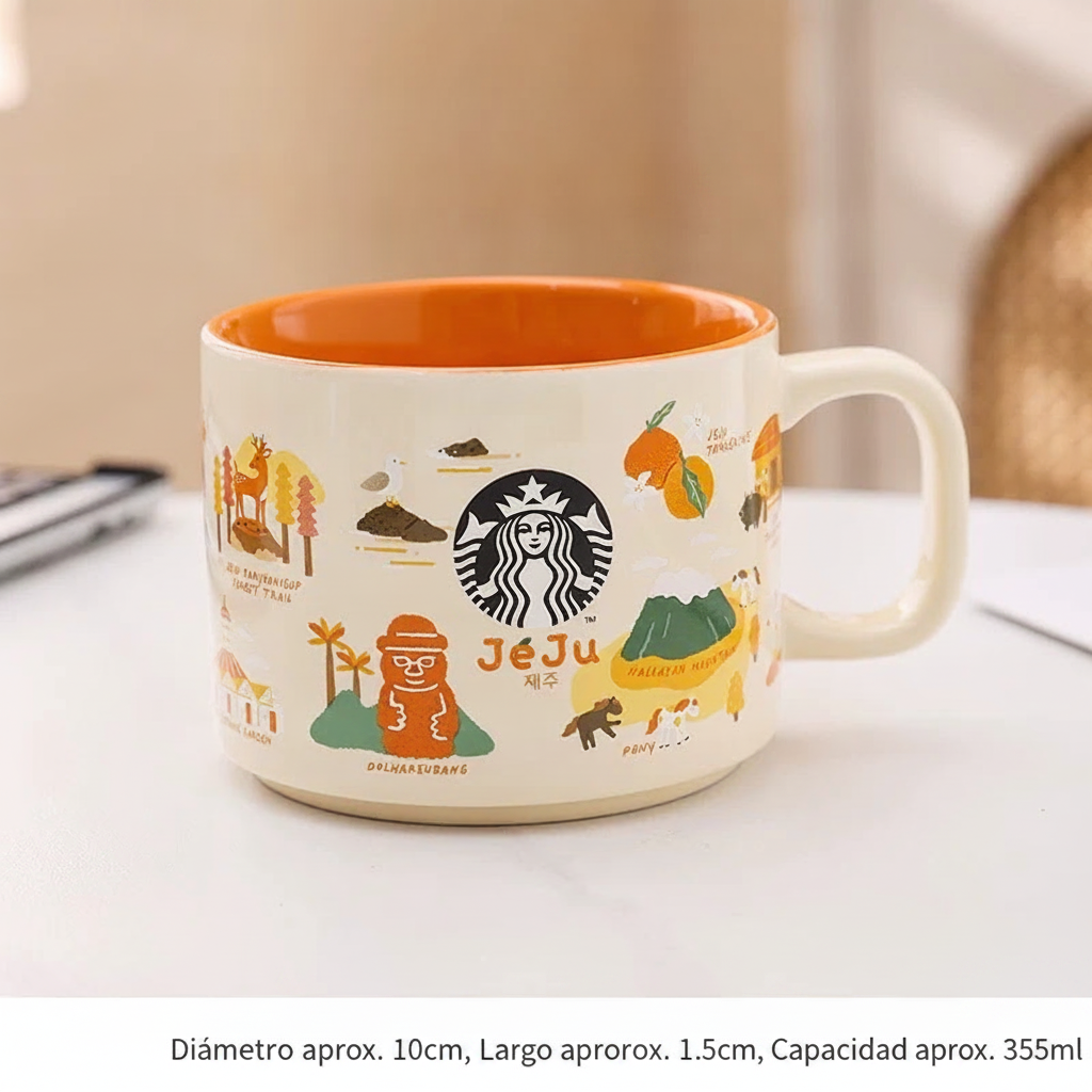 Taza de cerámica con diseño ilustrado y acabado esmalte