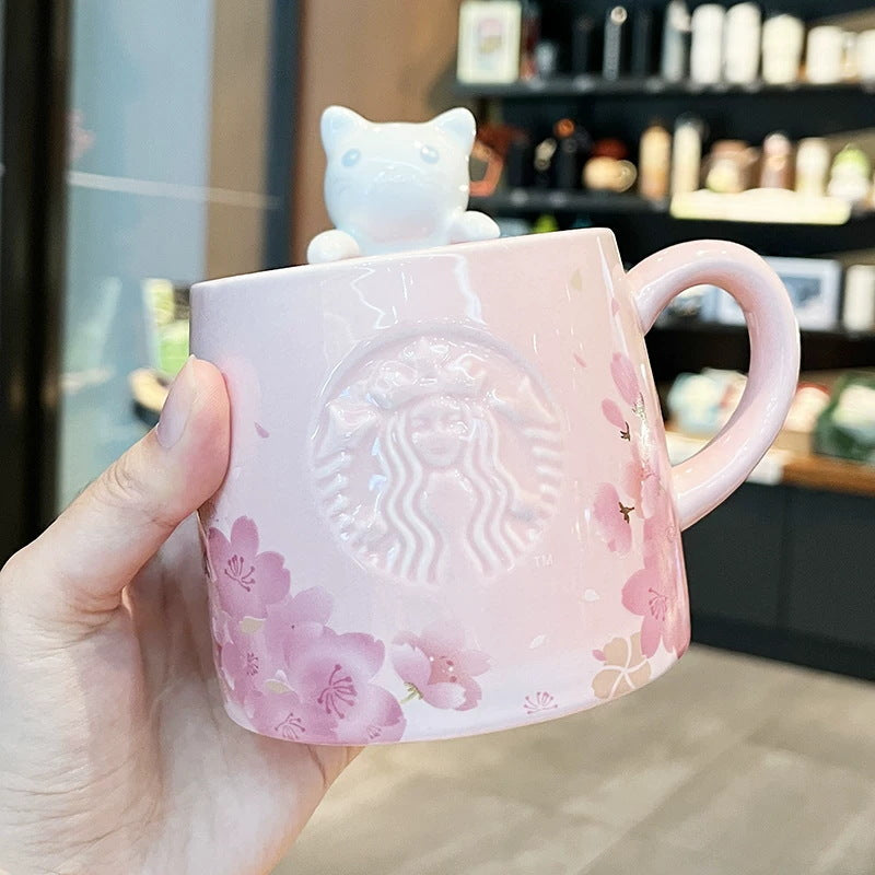 Taza de cerámica con diseño ilustrado y tapa 355 ml