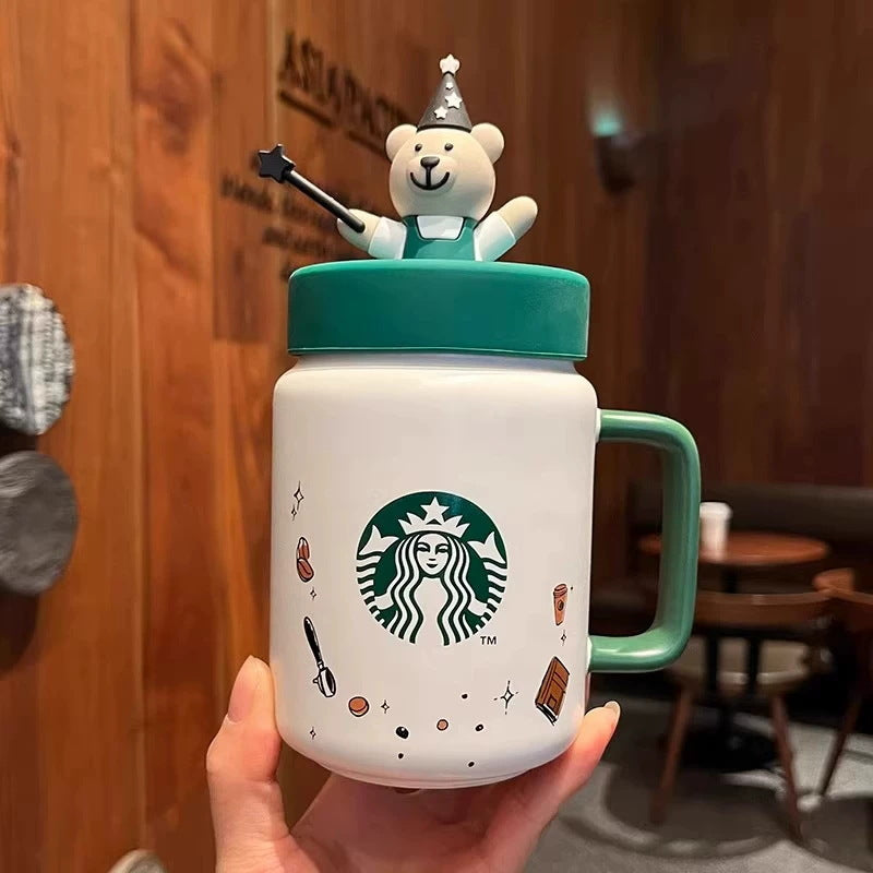 Taza de cerámica con diseño ilustrado y tapa 355 ml