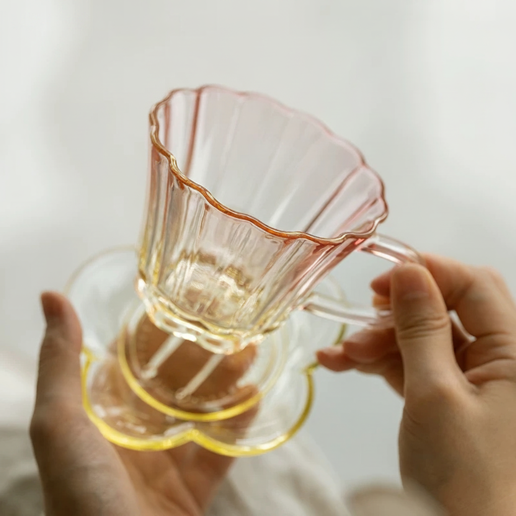 Taza de café de vidrio con platito Serie Nube