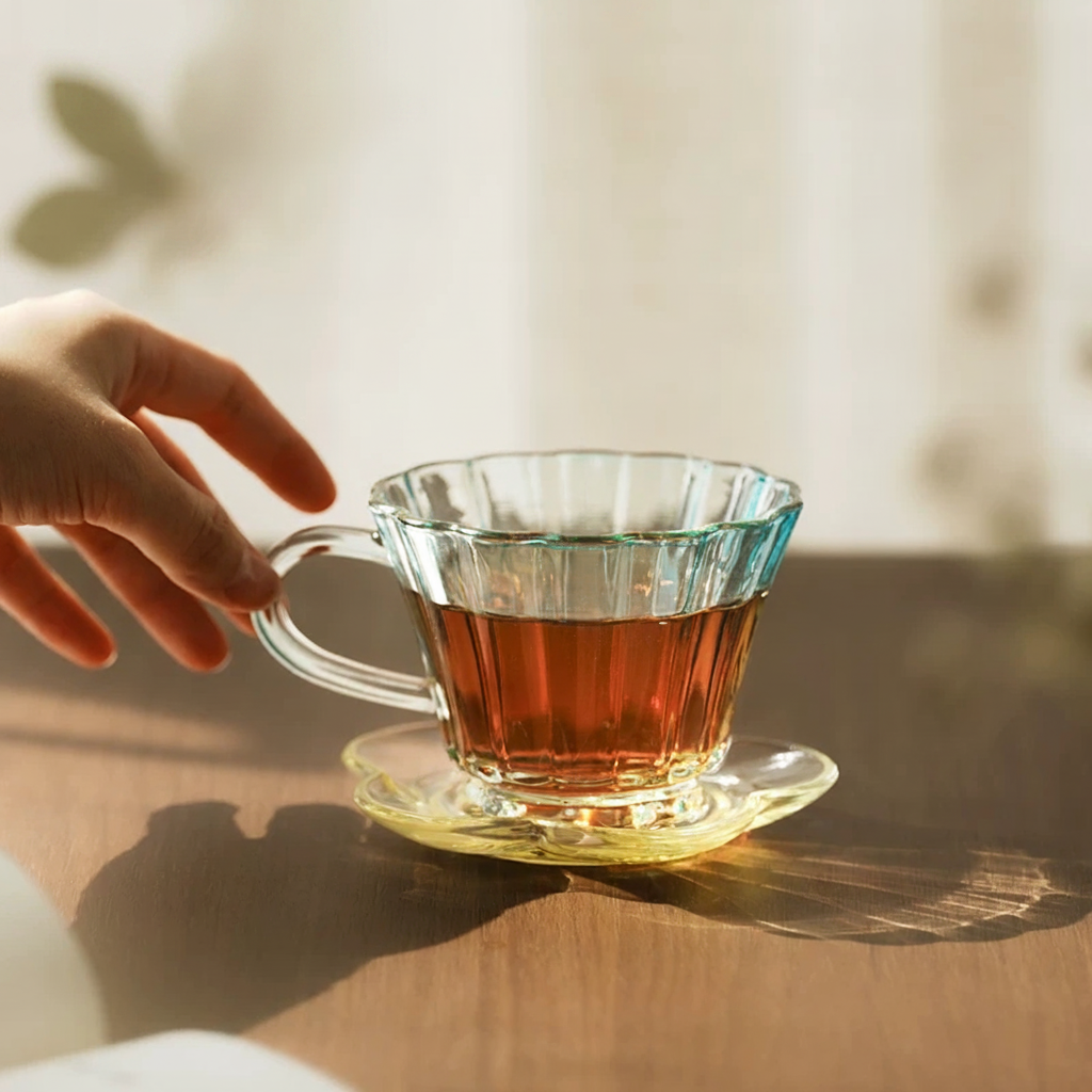 Taza de café de vidrio con platito Serie Nube