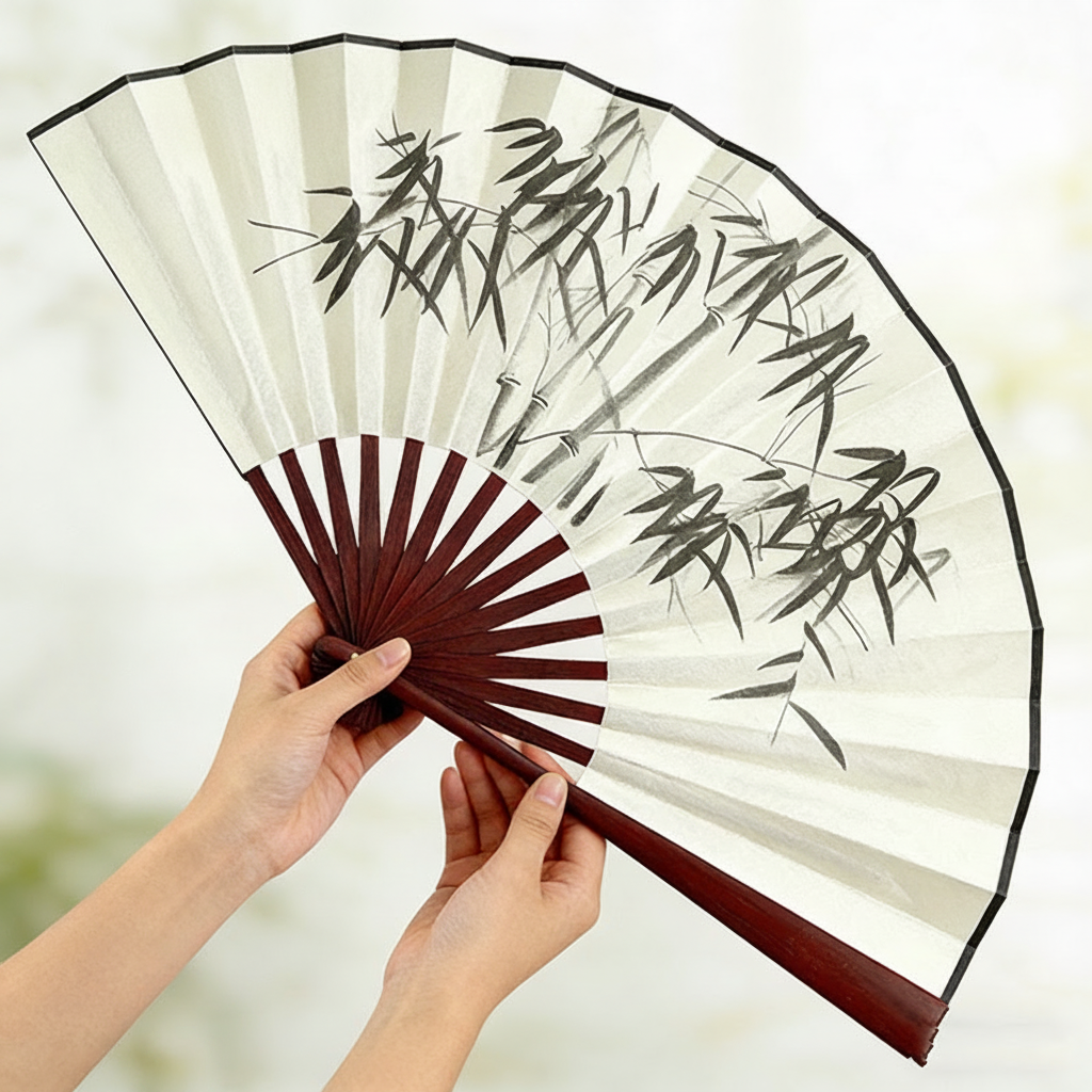 Abanico plegable estilo oriental de seda y bambú - 1