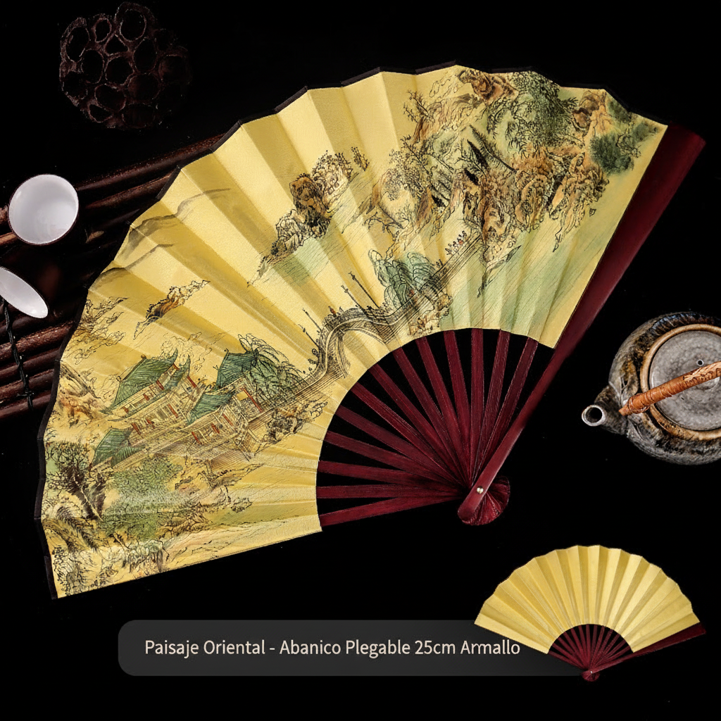 Abanico plegable estilo oriental de seda y bambú