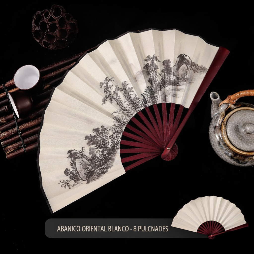 Abanico plegable estilo oriental de seda y bambú