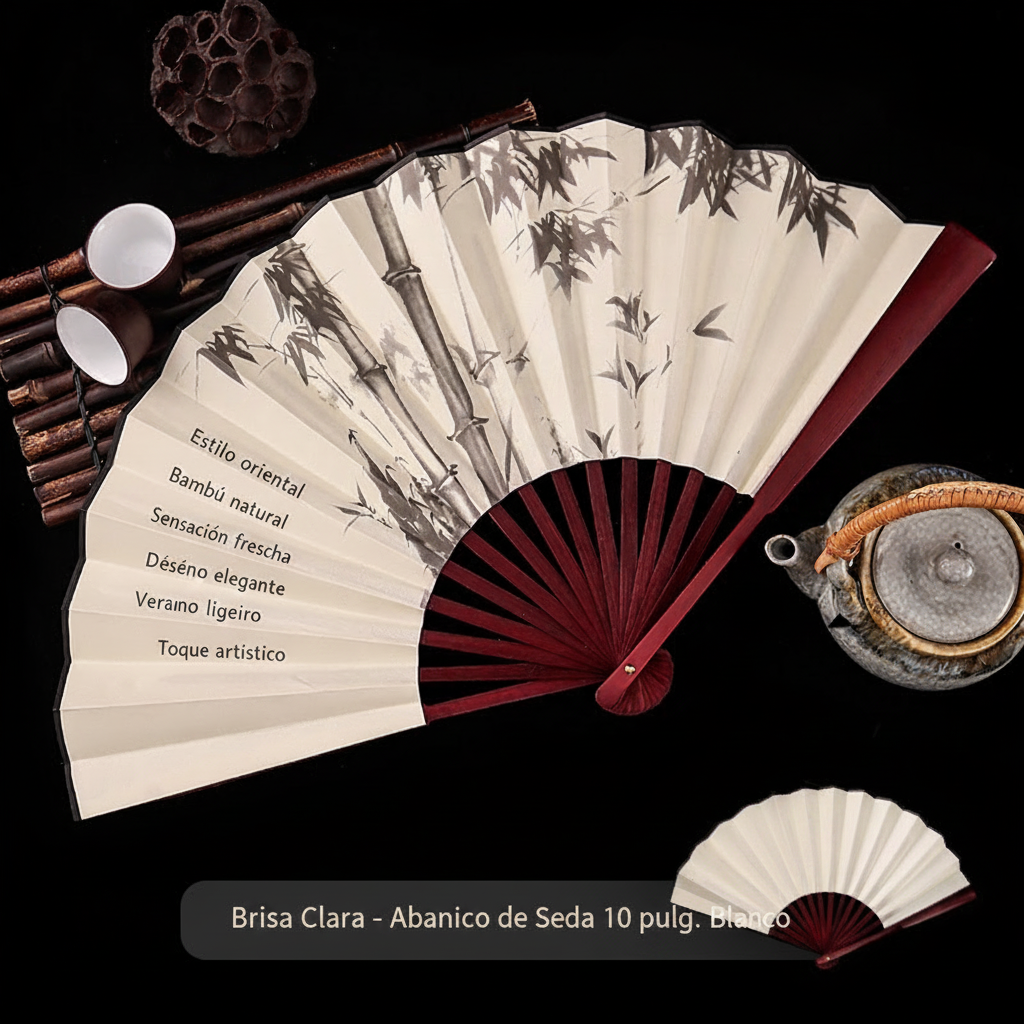 Abanico plegable estilo oriental de seda y bambú
