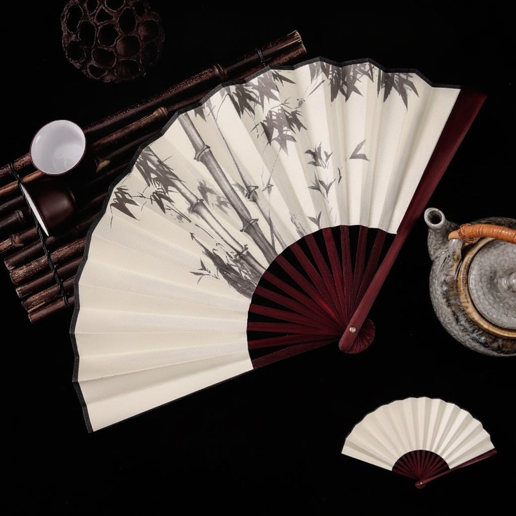 Abanico plegable estilo oriental de seda y bambú