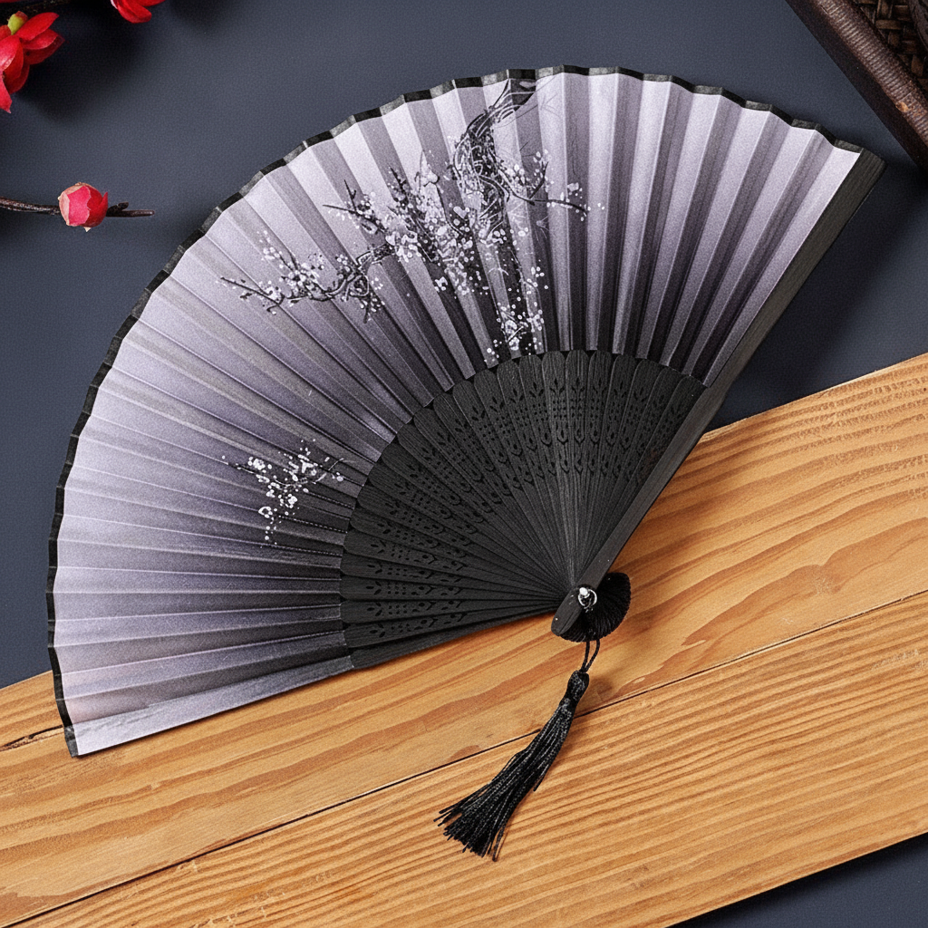 Abanico plegable estilo oriental de seda y bambú