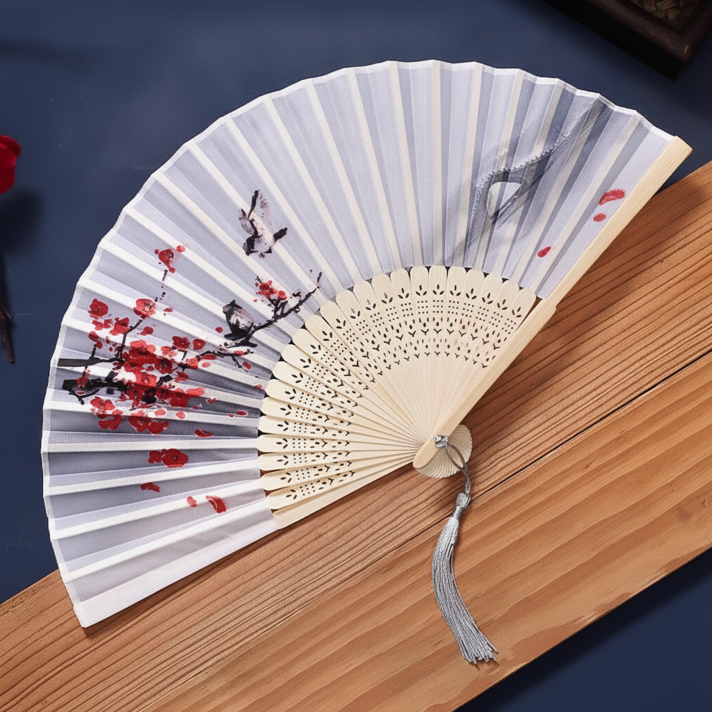 Abanico plegable estilo oriental de seda y bambú