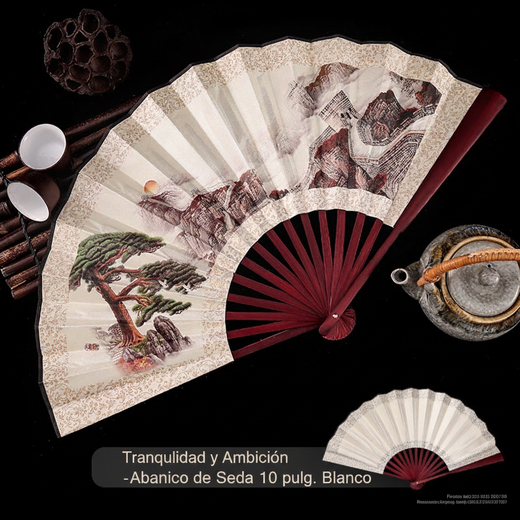Abanico plegable estilo oriental de seda y bambú
