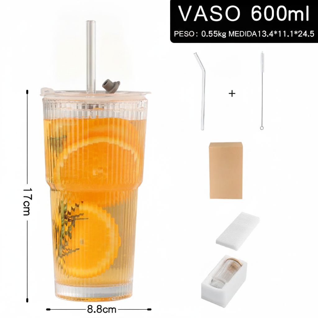 Vaso de vidrio con tapa y popote rayas verticales