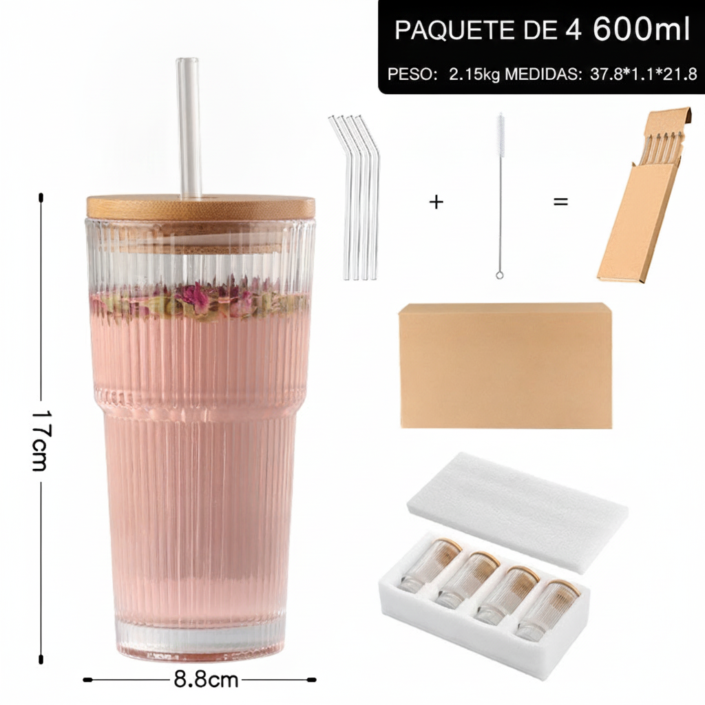 Vaso de vidrio con tapa y popote rayas verticales