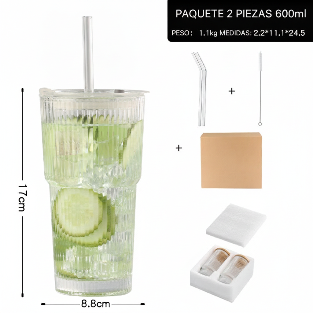 Vaso de vidrio con tapa y popote rayas verticales