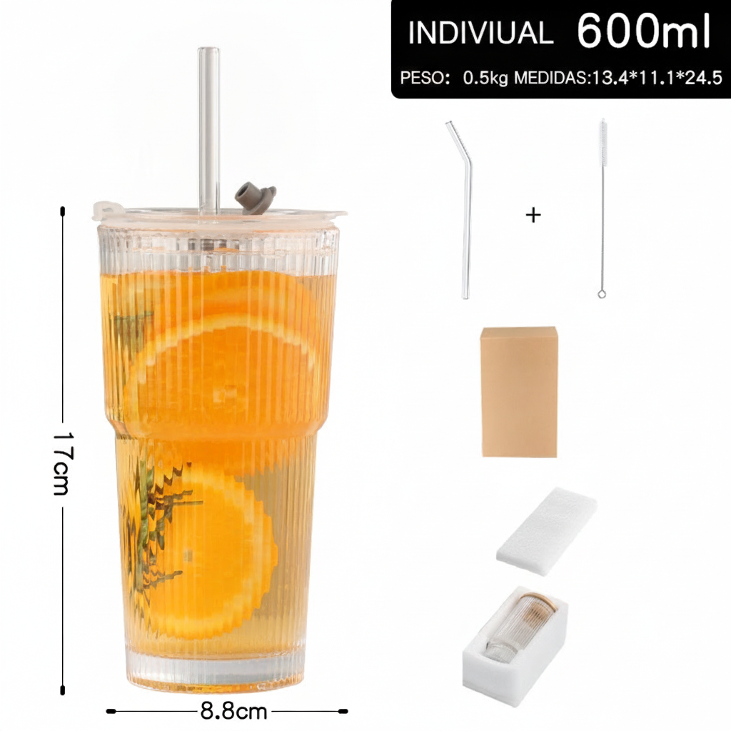 Vaso de vidrio con tapa y popote 590 ml (20 oz)