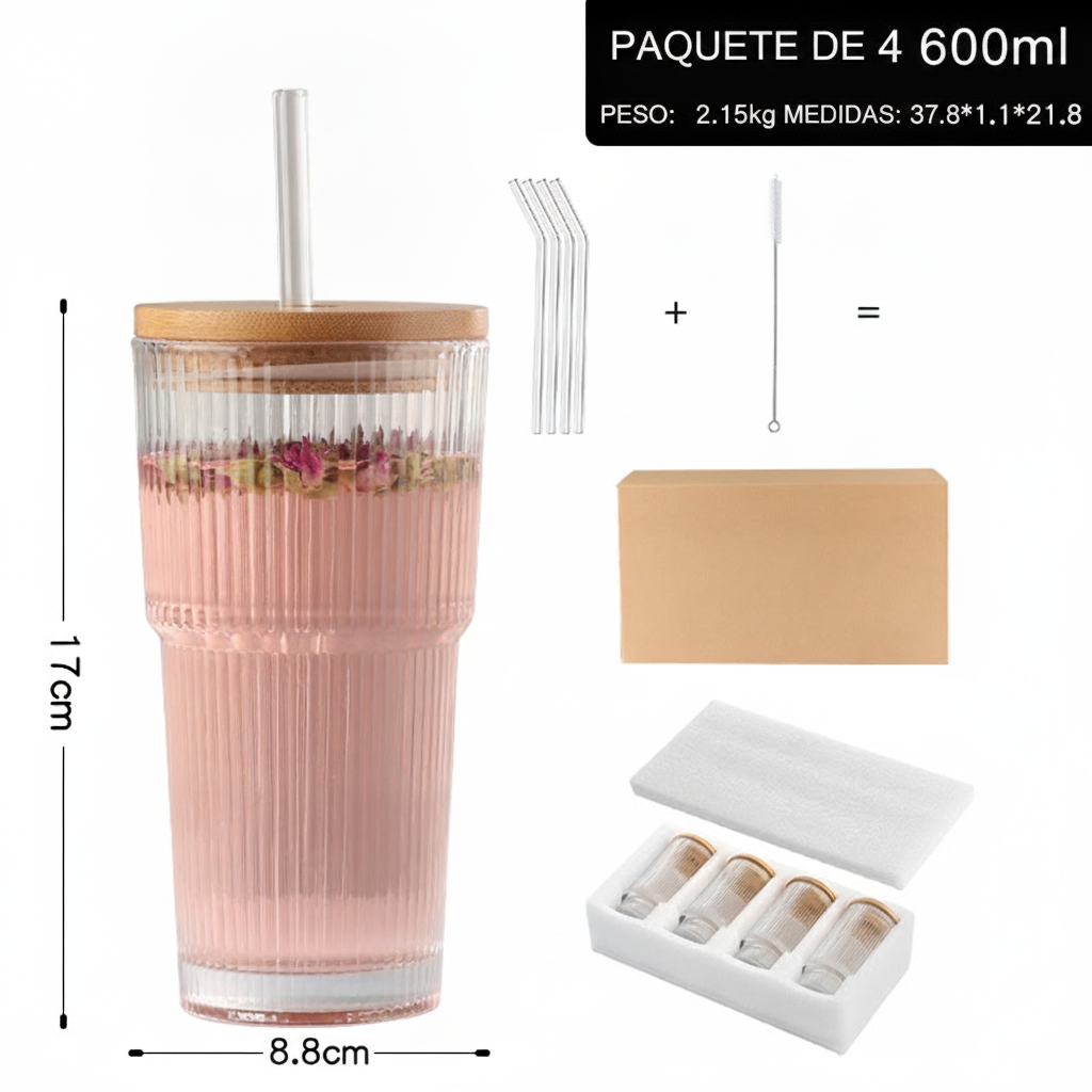 Vaso de vidrio con tapa y popote 590 ml (20 oz)