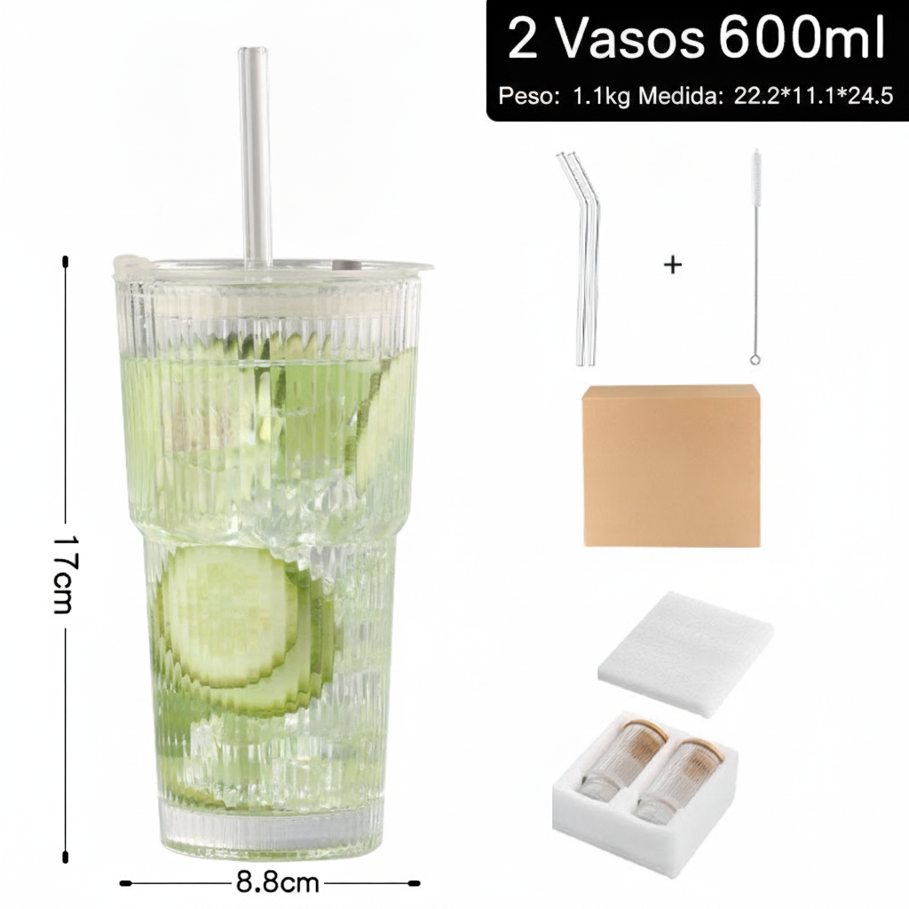 Vaso de vidrio con tapa y popote 590 ml (20 oz)