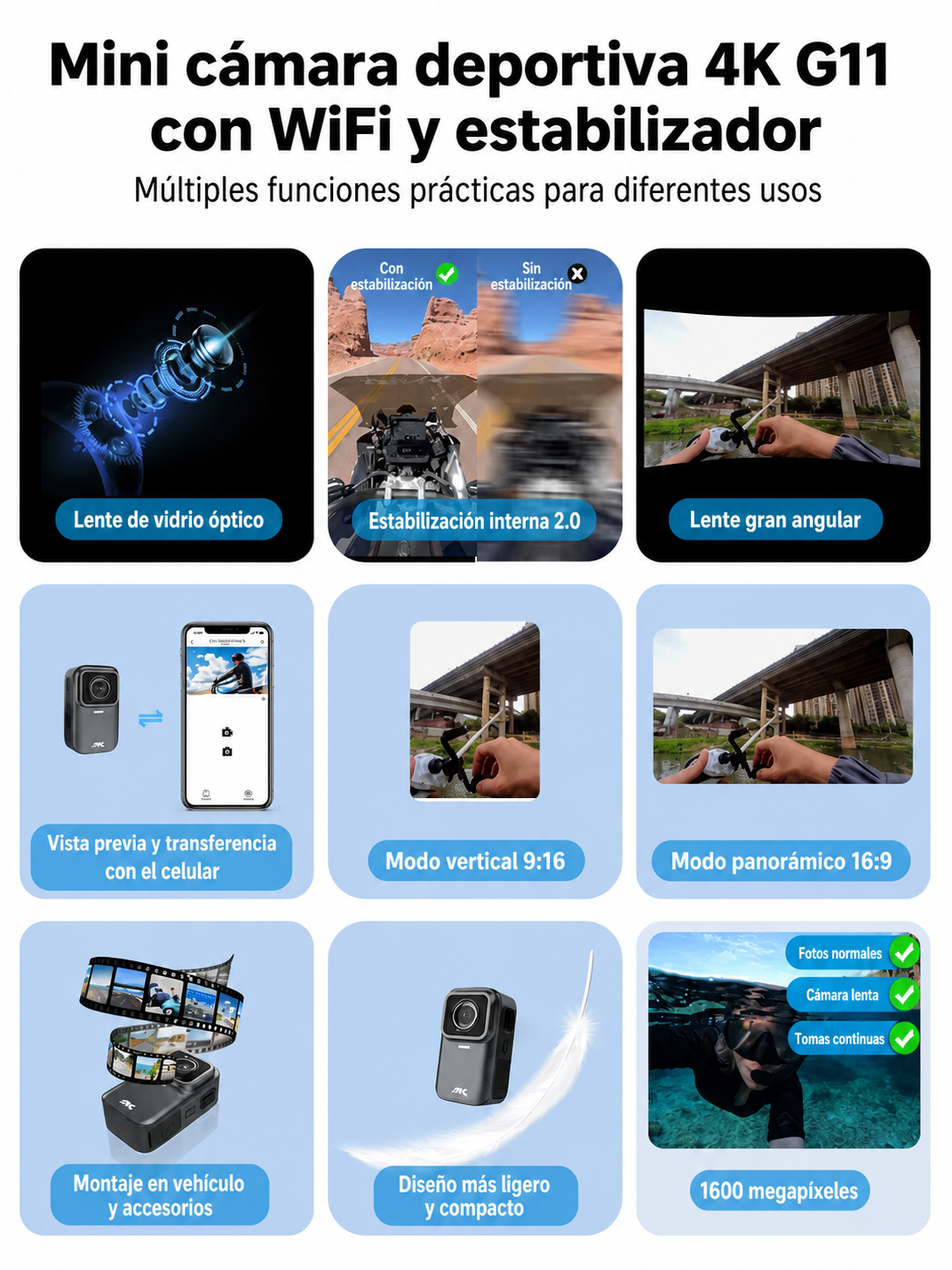 Cámara Deportiva 4K G11 Mini con WiFi y Estabilizador - 4
