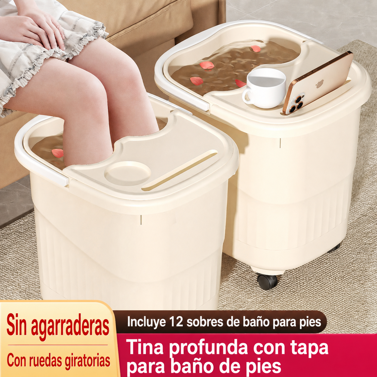 Tina para baño de pies profunda con tapa y ruedas PP - 1
