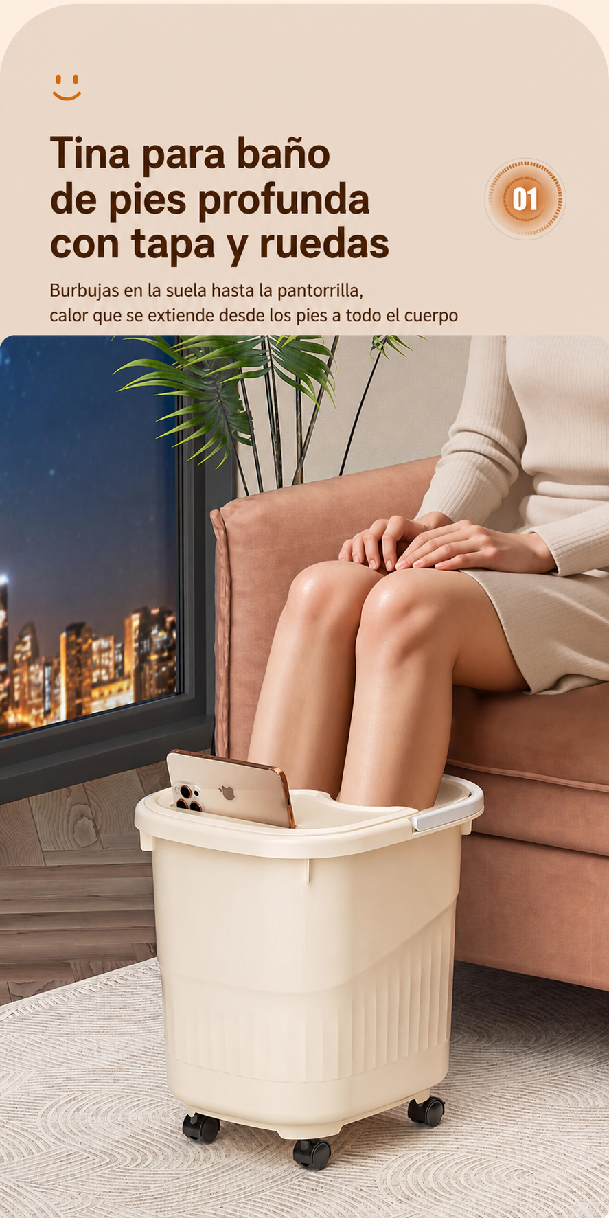 Tina para baño de pies profunda con tapa y ruedas PP - 17