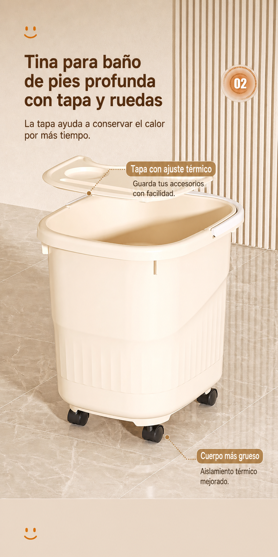 Tina para baño de pies profunda con tapa y ruedas PP - 22