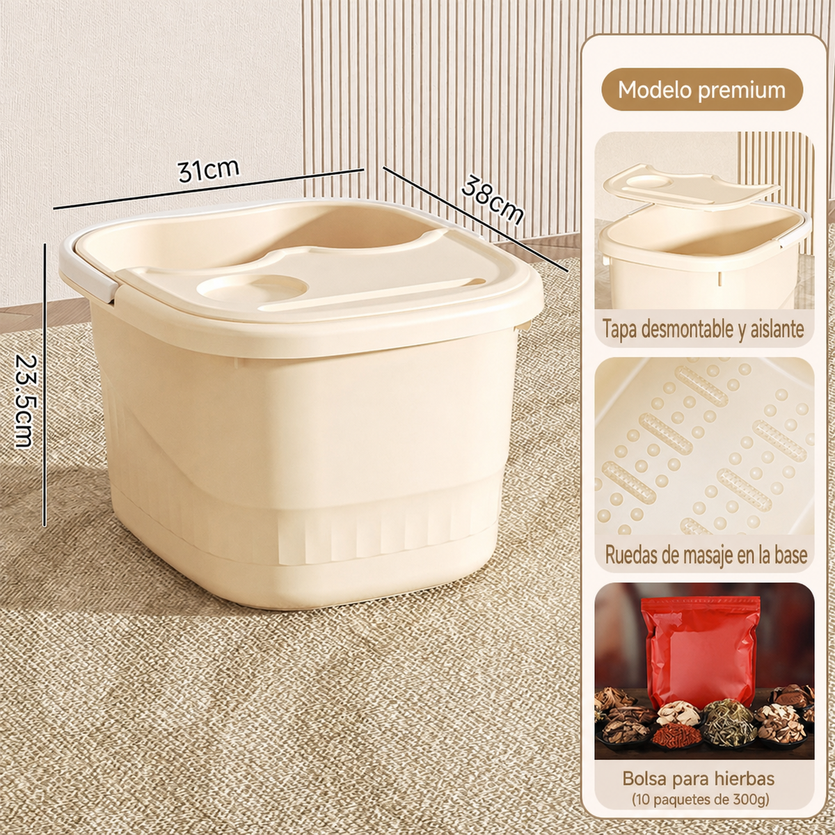 Tina para baño de pies profunda con tapa y ruedas PP