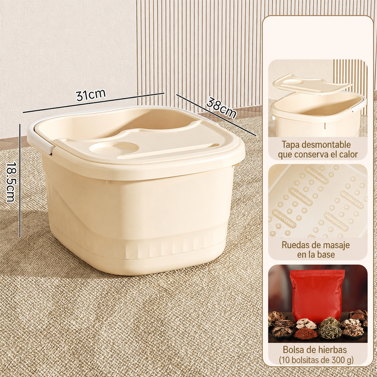 Tina para baño de pies profunda con tapa y ruedas PP