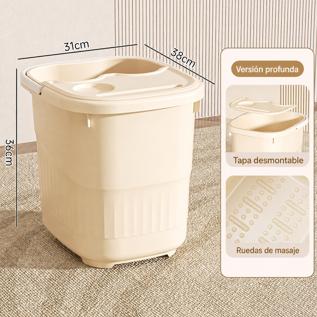 Tina para baño de pies profunda con tapa y ruedas PP