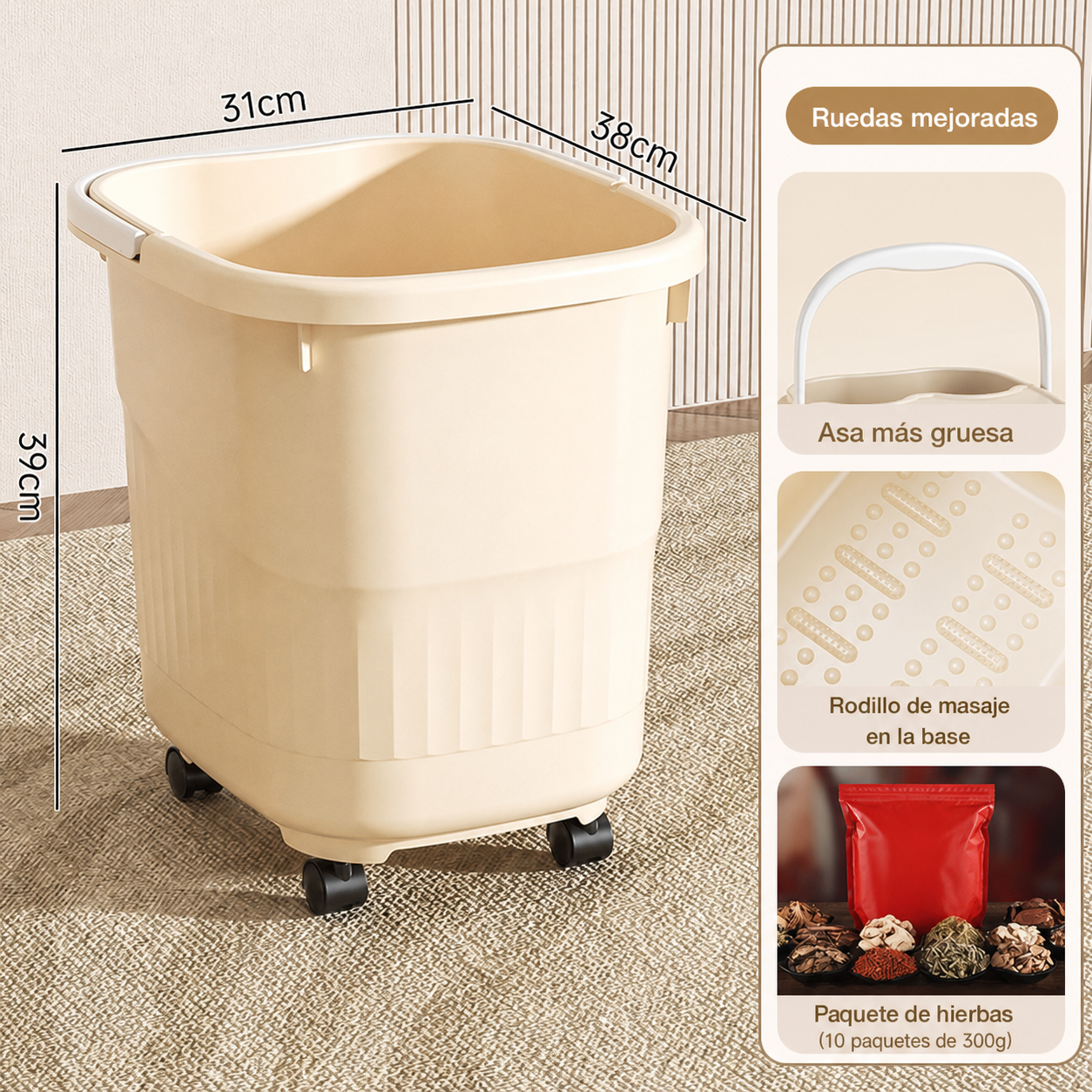 Tina para baño de pies profunda con tapa y ruedas PP