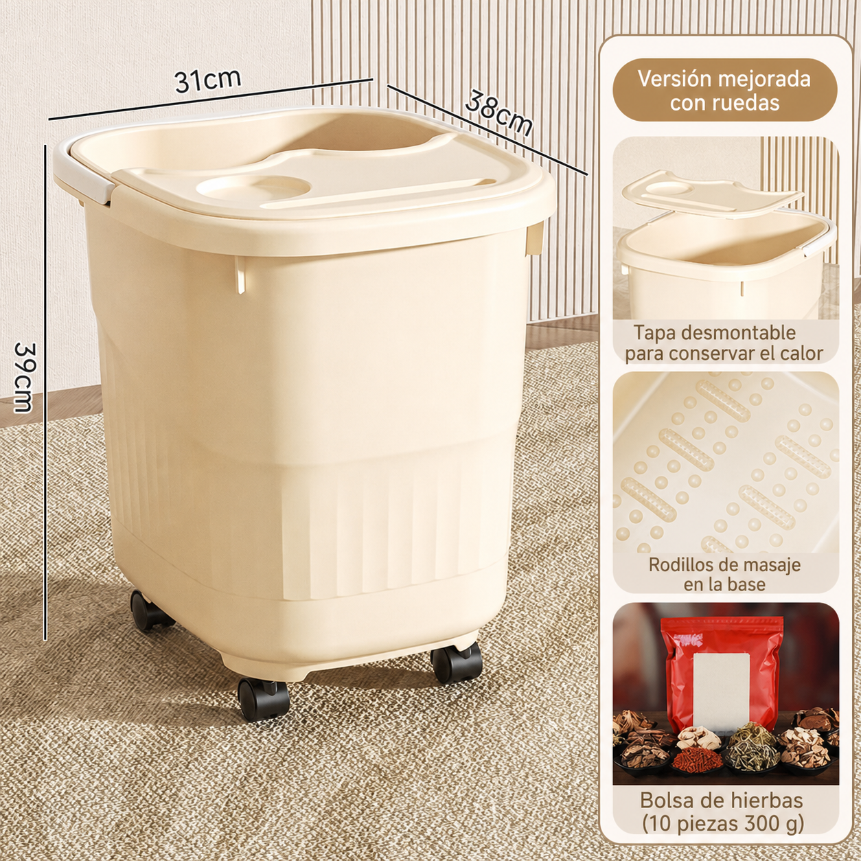 Tina para baño de pies profunda con tapa y ruedas PP