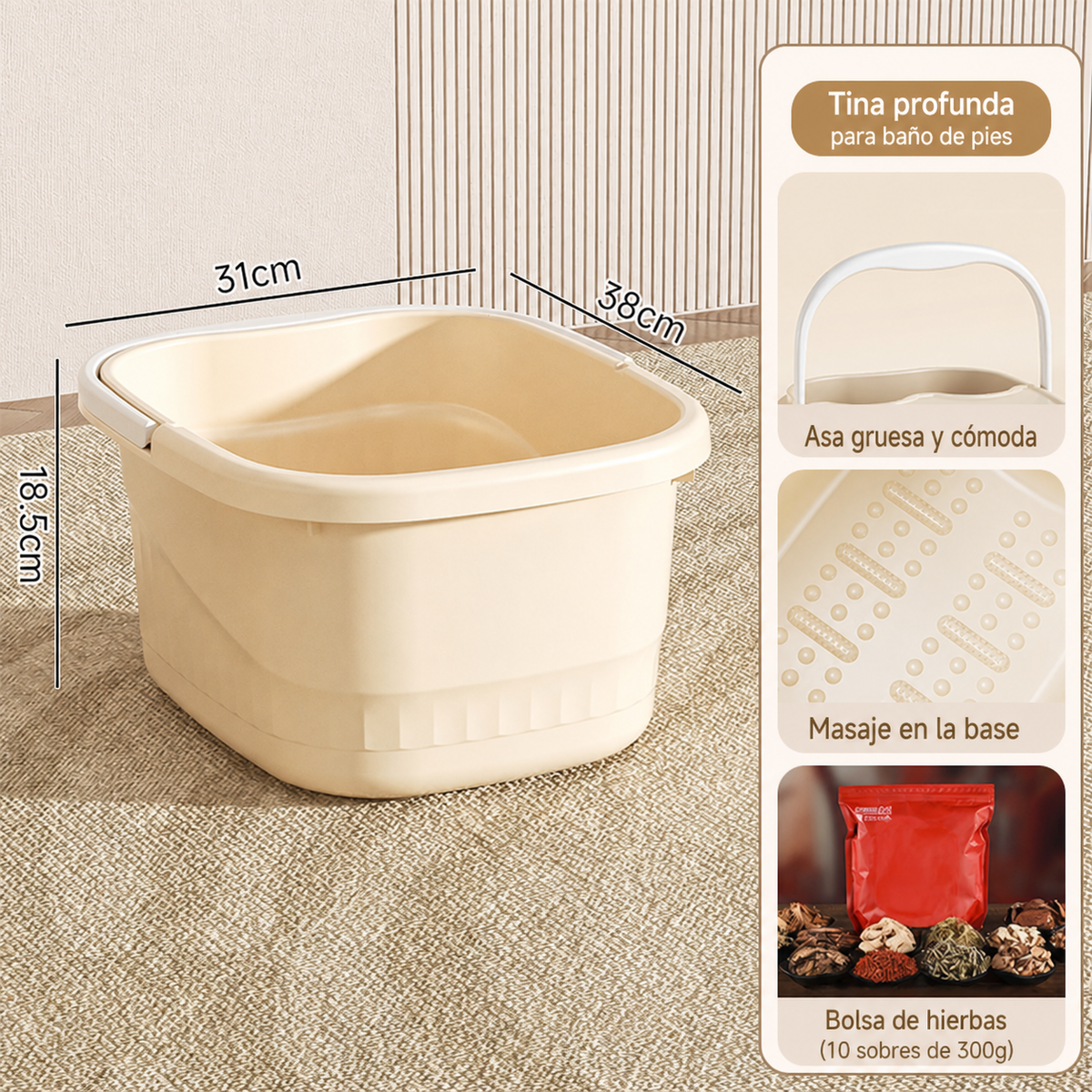 Tina para baño de pies profunda con tapa y ruedas PP