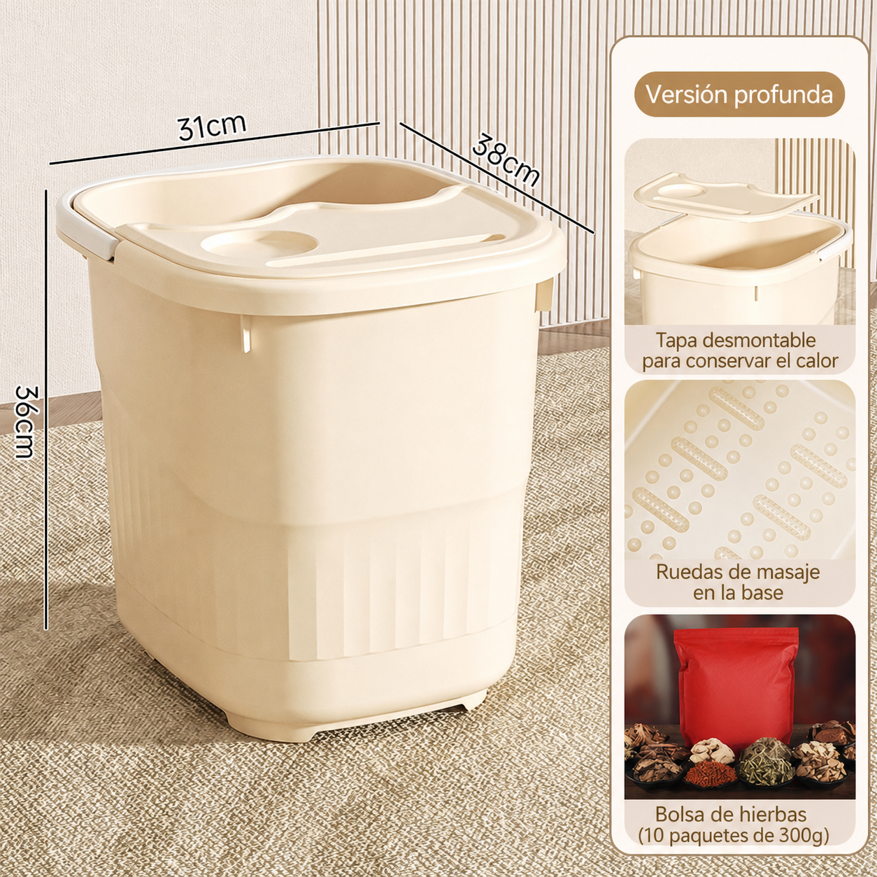 Tina para baño de pies profunda con tapa y ruedas PP