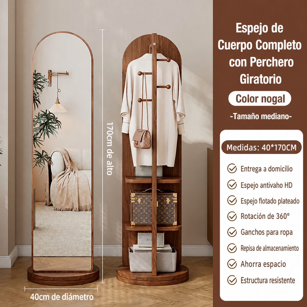 Espejo de Cuerpo Completo con Perchero Giratorio