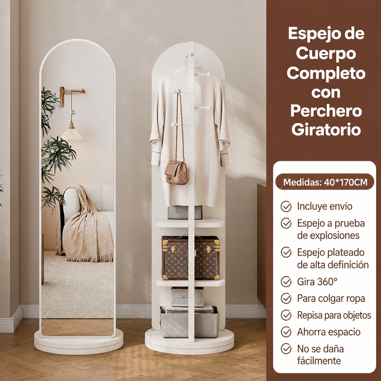 Espejo de Cuerpo Completo con Perchero Giratorio