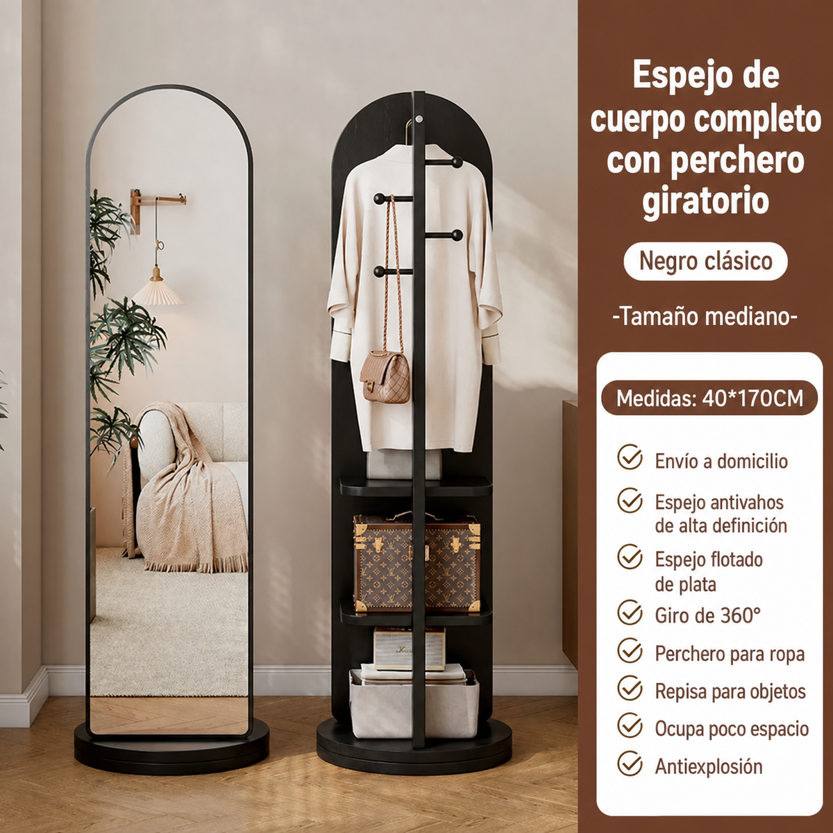 Espejo de Cuerpo Completo con Perchero Giratorio
