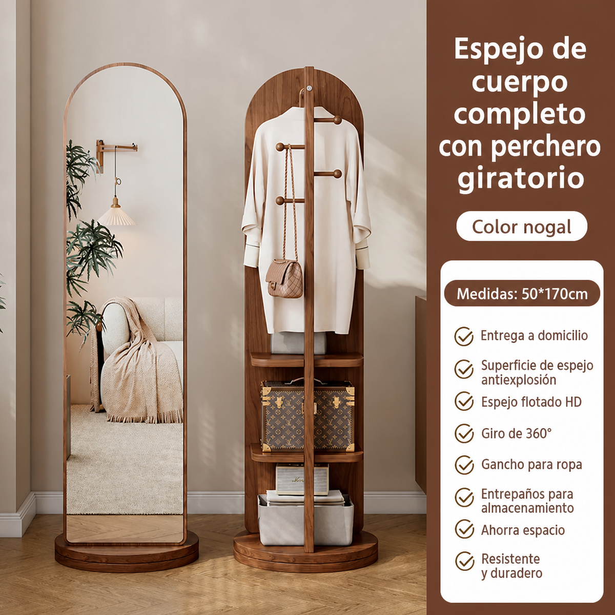 Espejo de Cuerpo Completo con Perchero Giratorio