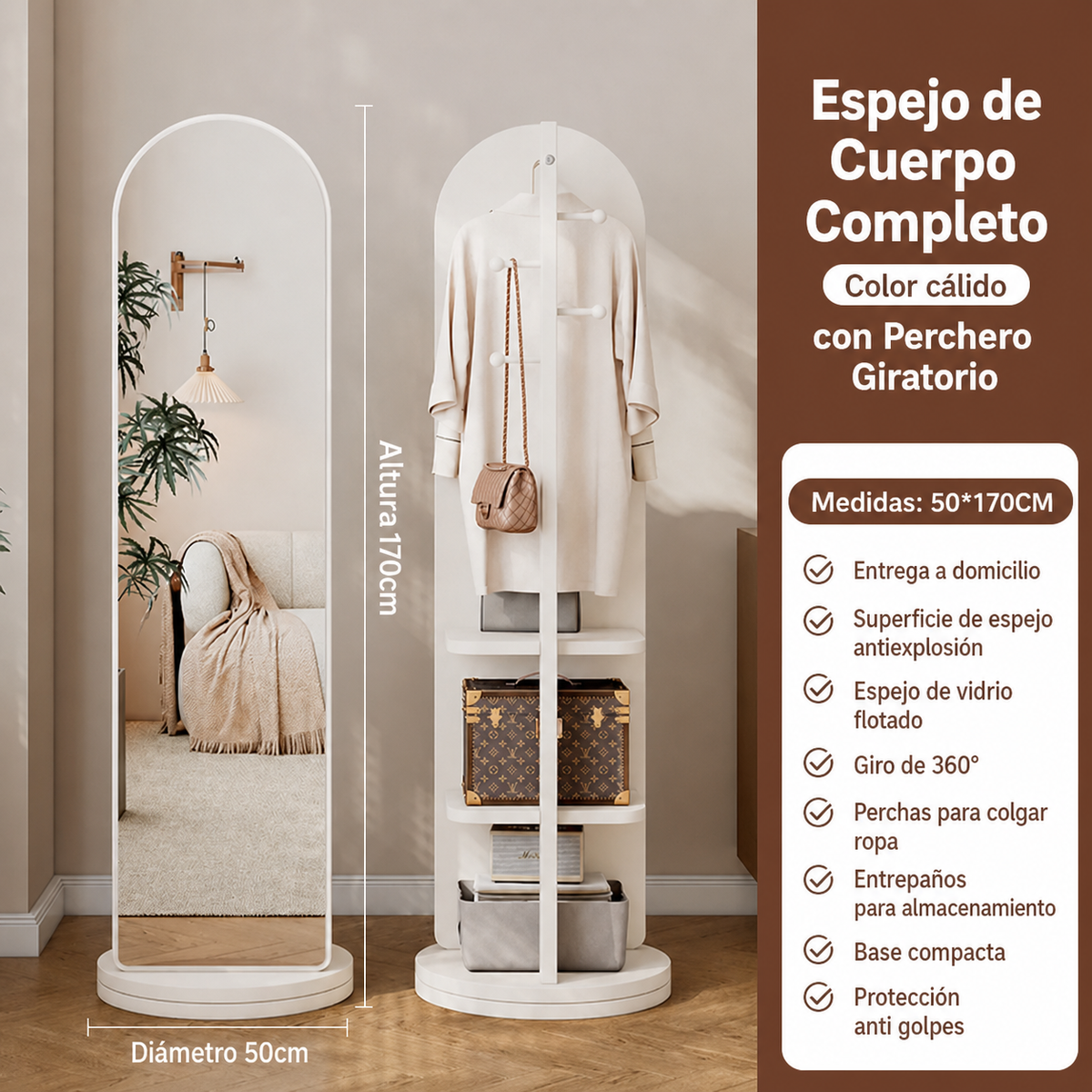 Espejo de Cuerpo Completo con Perchero Giratorio