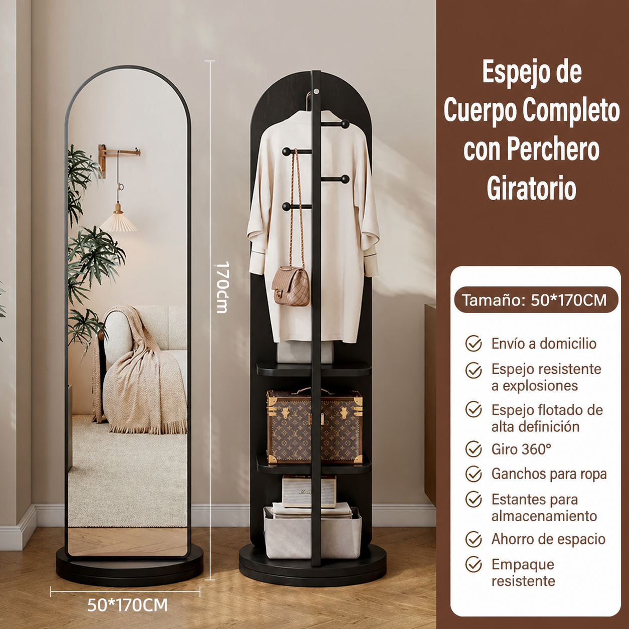 Espejo de Cuerpo Completo con Perchero Giratorio