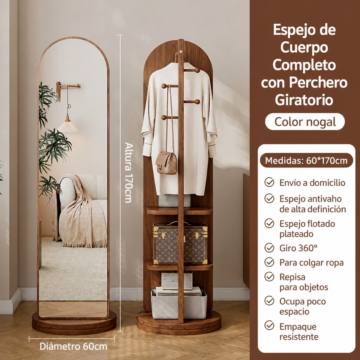 Espejo de Cuerpo Completo con Perchero Giratorio