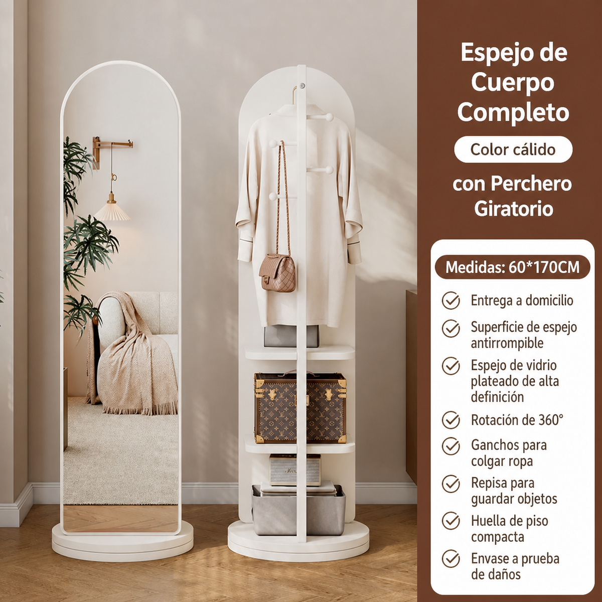 Espejo de Cuerpo Completo con Perchero Giratorio